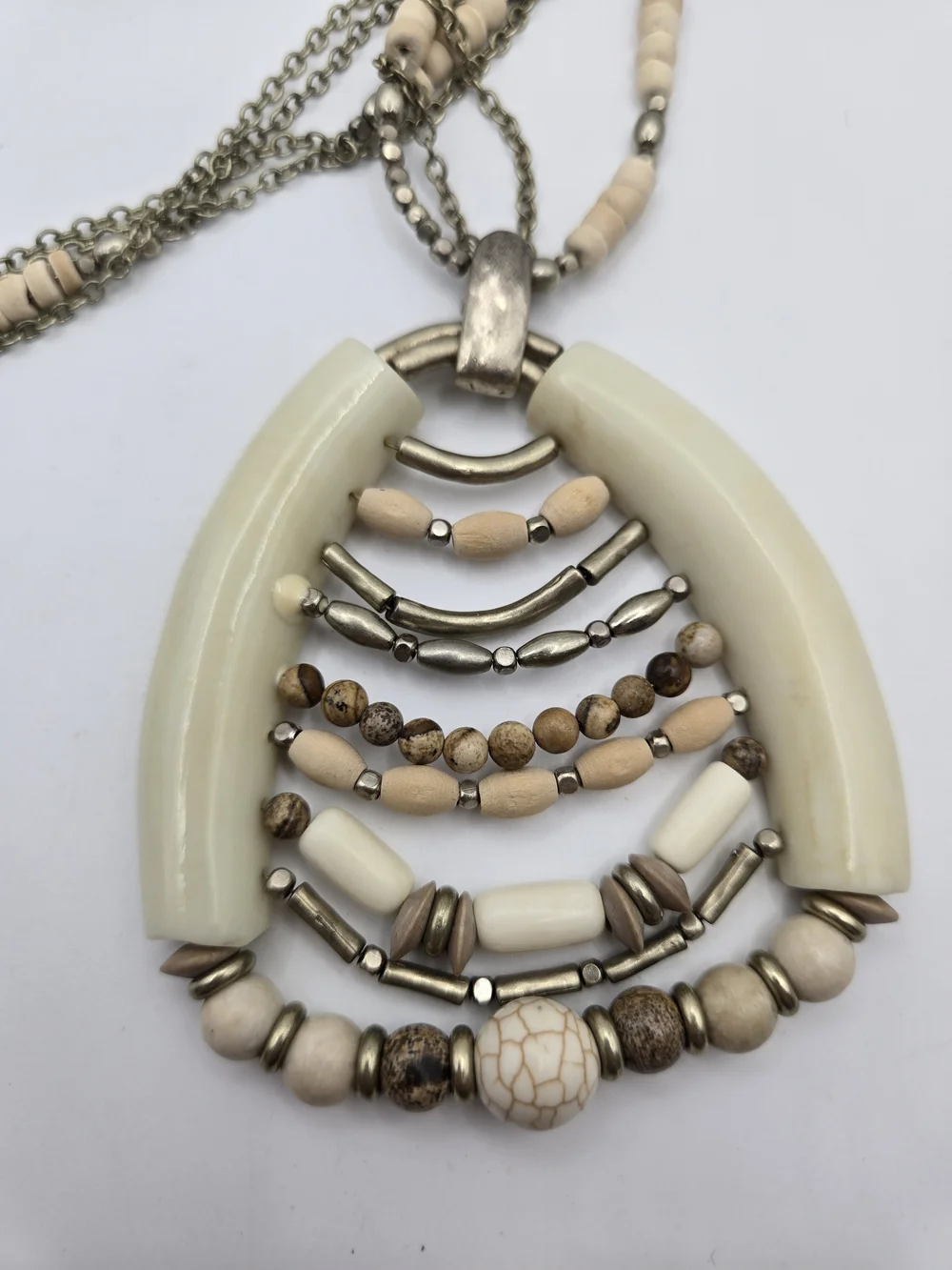 Chico's Long Cream Tan Silver Multi-Bead Pendant Necklace Tribal Ethnic Boho